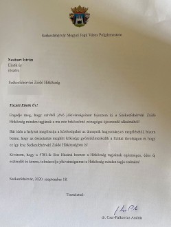 Levélben köszöntötte a hitközséget a zsidó újév alkalmából Fehérvár polgármestere