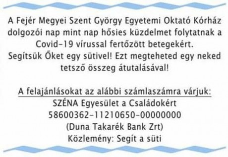 „Segít a süti” - civil köszönet a megfeszített munkát végző egészségügyi dolgozóknak